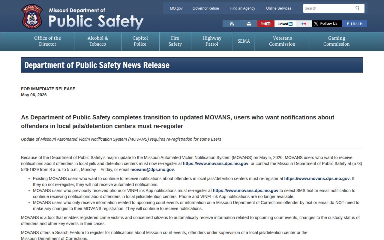 Missouri DPS notice on current MOVANS text and email alerts