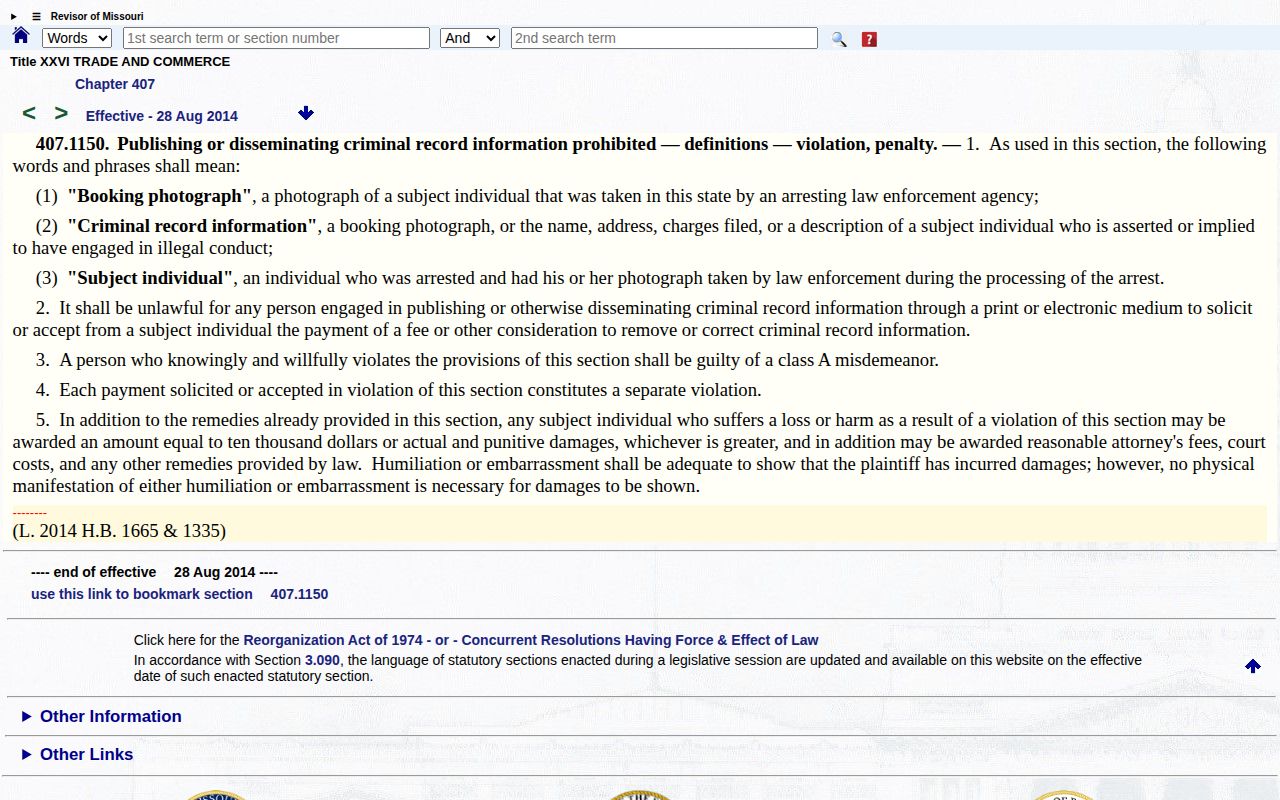 Missouri statute governing booking photographs and paid removal conduct