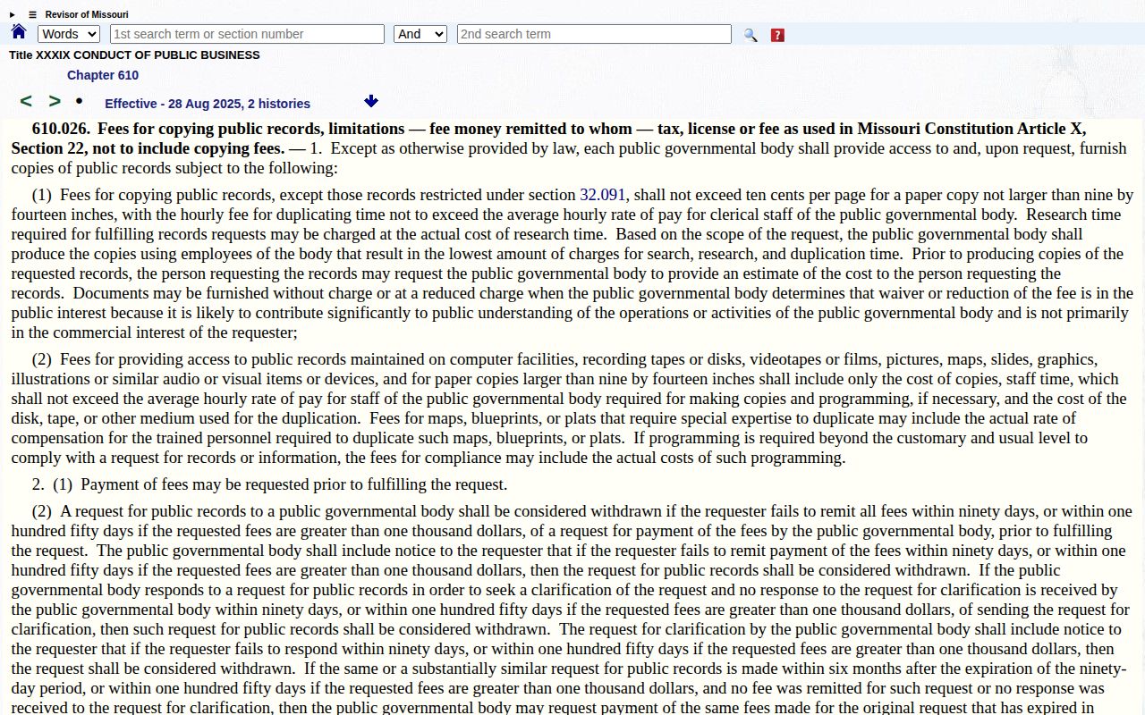 Missouri Sunshine Law public record fee provisions